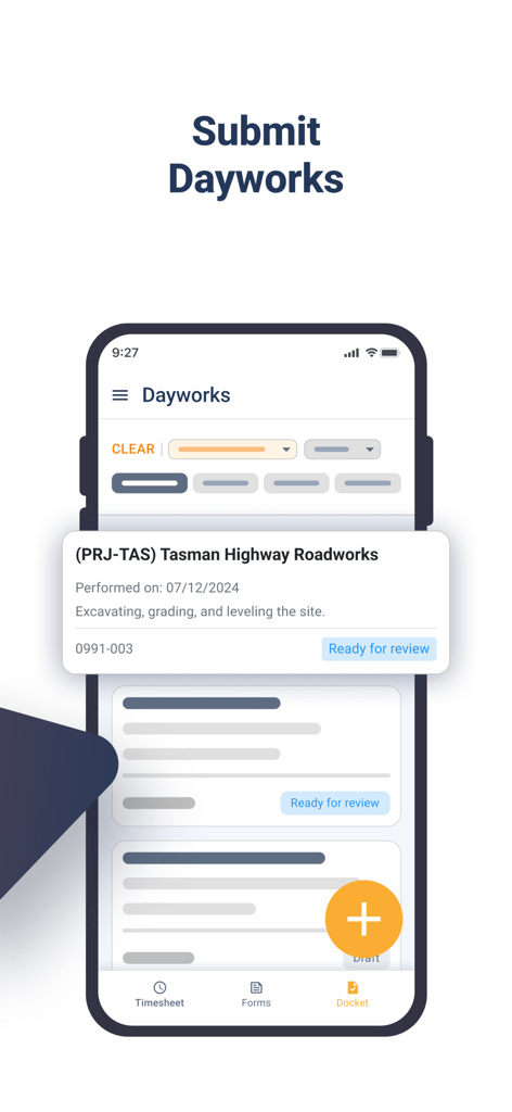 Varicon Timesheet - Varicon Timesheet 앱 일용 작업 제출 인터페이스로, 건설 작업 세부 정보 표시
