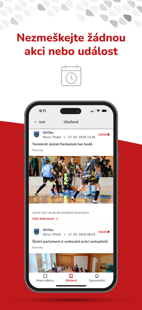 Města a obce - Mobile phone screen showing saved local news and community events within the Mesta a obce app.
