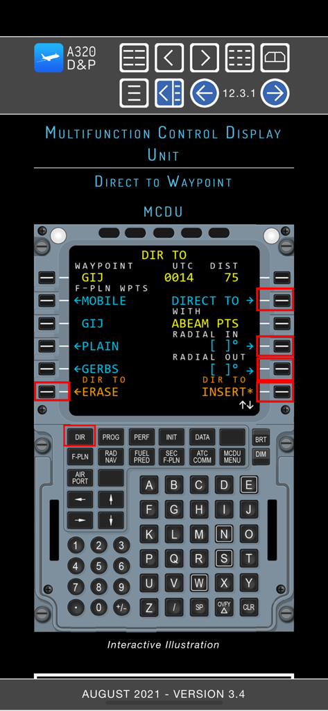 Interactive Airbus A320 MCDU screen showing direct to waypoint navigation options