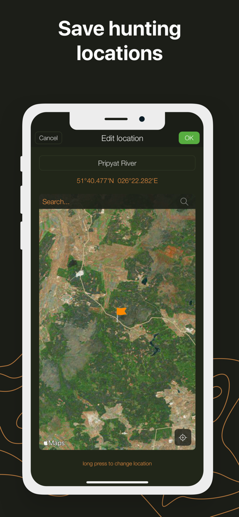 Hunting Calendar, Solunar - Satellite map interface in Hunting Calendar app for saving hunting locations