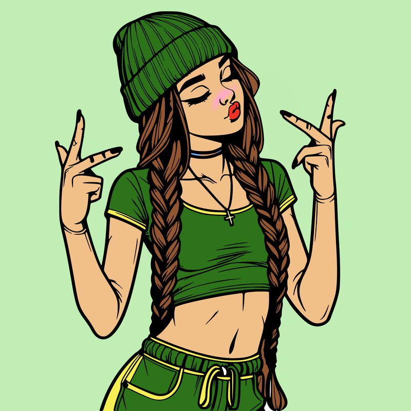 realistic teenage girl with braids and a beanie and crop top doing 🫶🏼