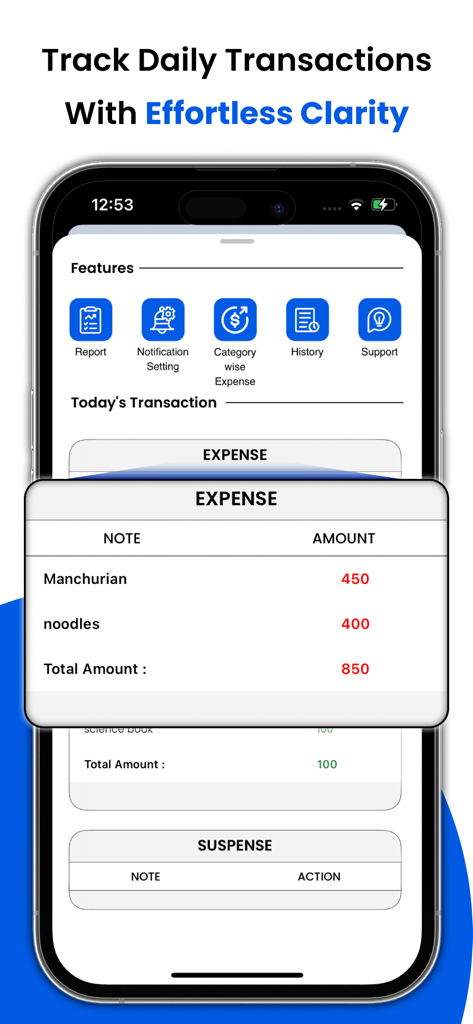 Expense Tracker - Daily Spend - Screenshot of Expense Tracker app showing daily transaction logging and expense categories
