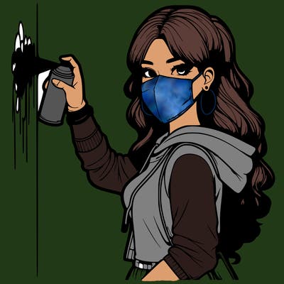 realistic girl with mask spray painting a wall