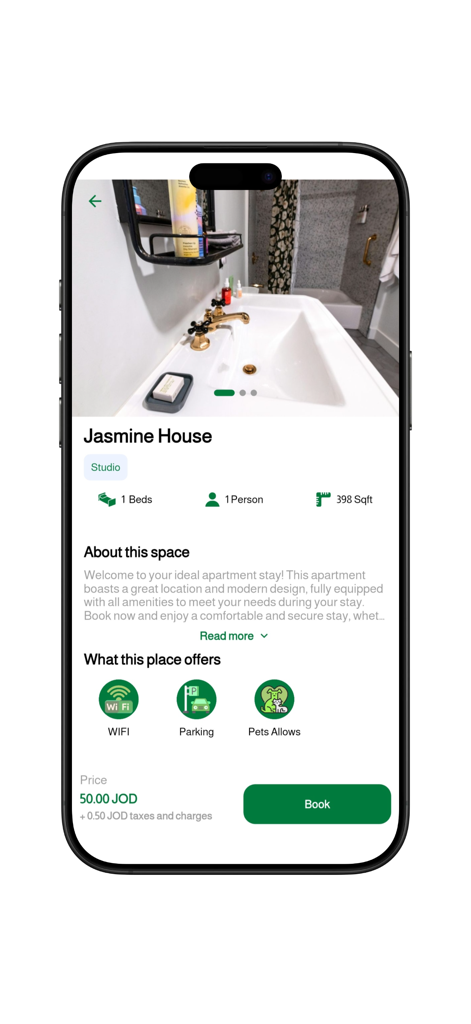 JRE : Hotel, Apartments - A mobile app screen displaying a studio apartment listing named Jasmine House with price and amenities