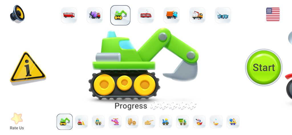 Menú principal del juego Puzzles de Coches con una gran excavadora verde y un botón de inicio