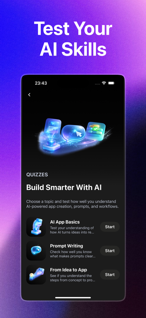 LoveCode Dev AI Guide - Knowledge quiz screen in the LoveCode Dev AI Guide app for testing AI development skills.