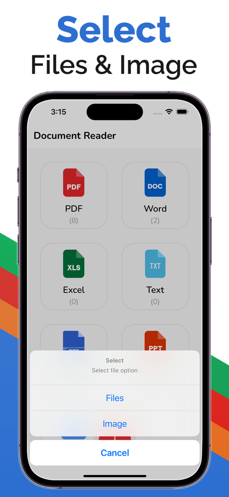 All Document Reader - Read PDF - Interfaz de la aplicación Lector de Documentos mostrando opciones para seleccionar archivos o imágenes en un iPhone