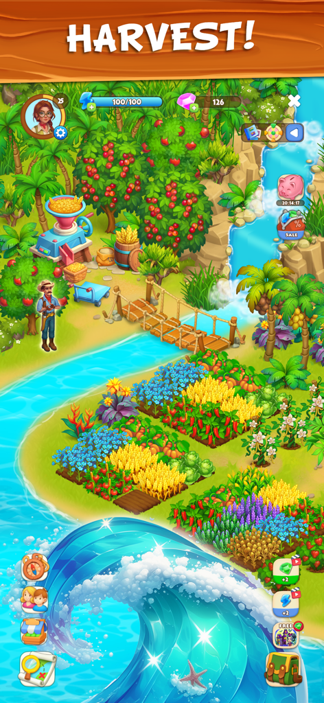 A vibrant tropical island farm with diverse crops and a waterfall in the Lost Island game