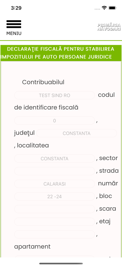 eTax Năvodari - Mobile interface for submitting vehicle tax declarations for legal entities.