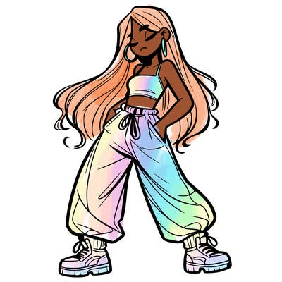 girl in baggy pants crop top and long hair