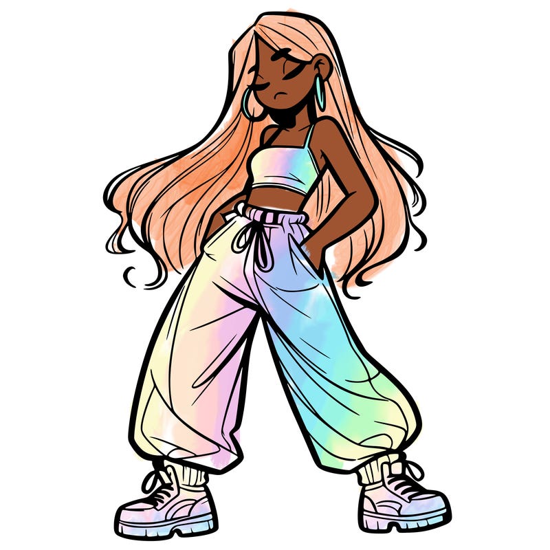girl in baggy pants crop top and long hair