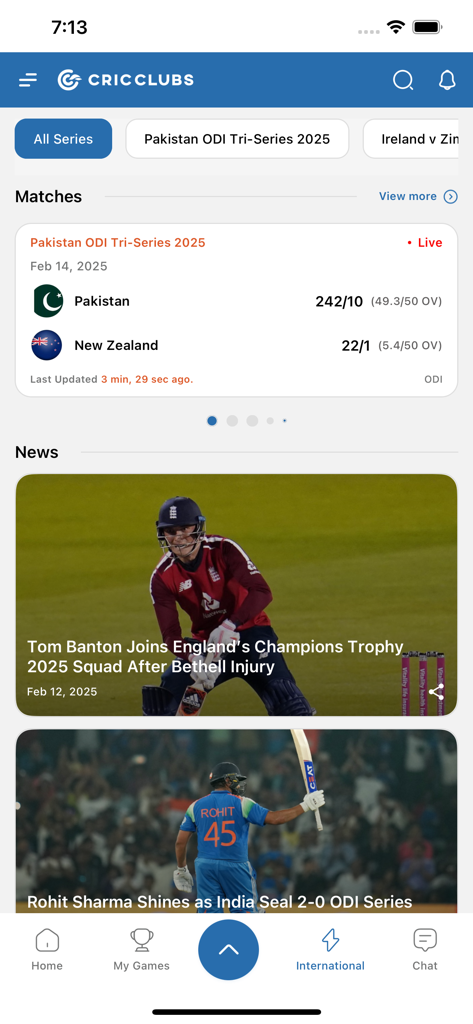 CricClubs - CricClubs mobile app home screen showing live cricket match scores and news updates