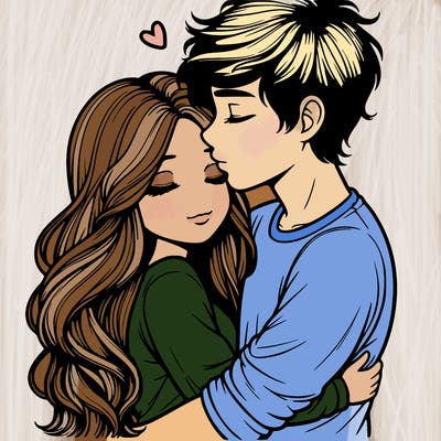 a realistic couple boy and girl hugging and kissing