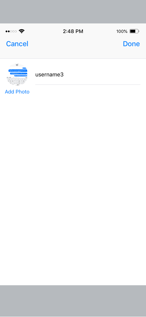 Profile edit screen in MeMi Message showing username field and add photo button