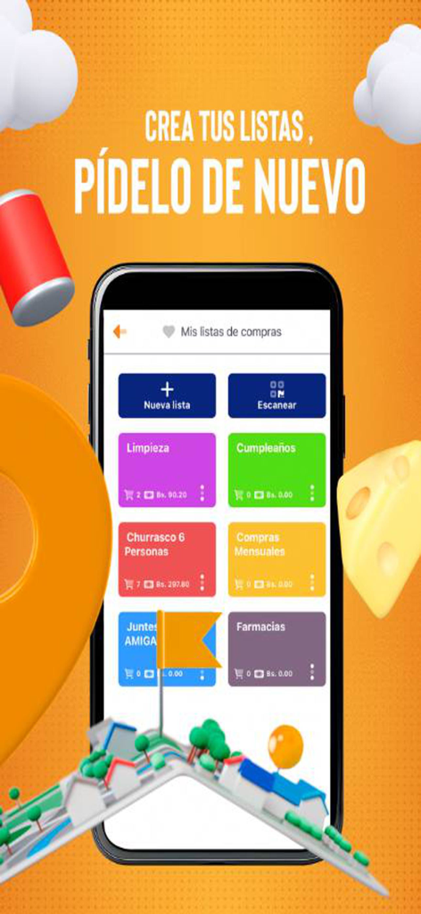 Hipermaxi - A smartphone showing the Hipermaxi app interface with categorized grocery shopping lists for cleaning, birthdays, and monthly supplies.