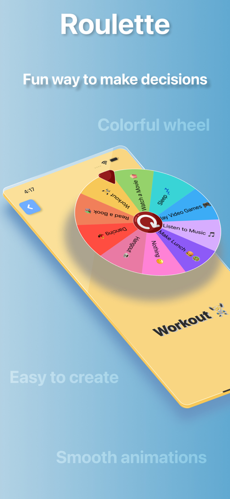 Random Generator App - ワークアウトや映画鑑賞などの楽しい選択をするための、モバイル画面上のカラフルな意思決定ルーレットホイール。