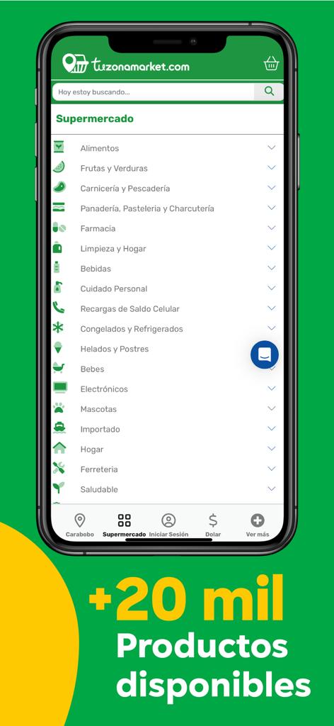 Tu Zona Market - Tu Zona Market mobile app interface showing various grocery categories and over 20 thousand products available on an iPhone screen.