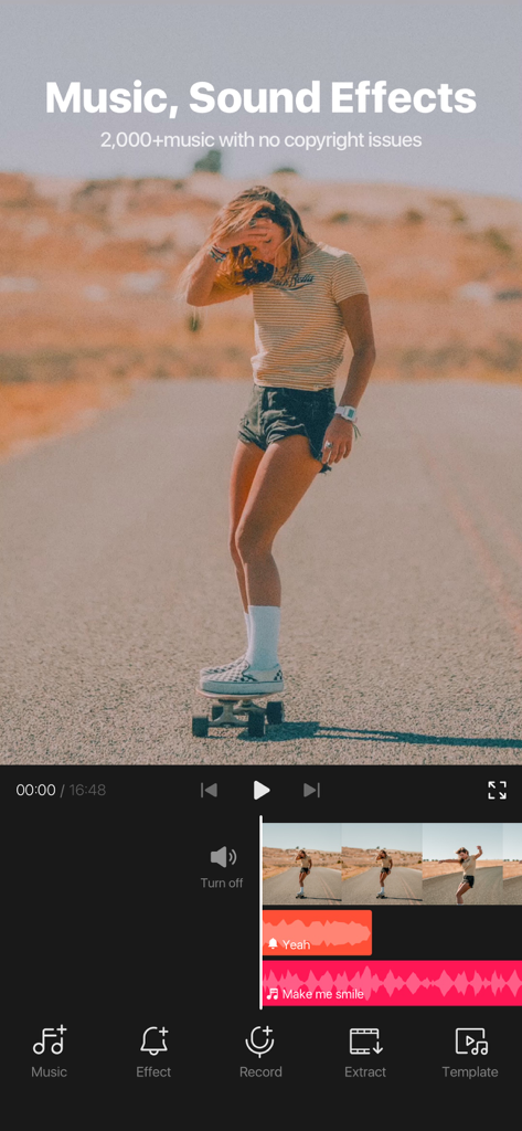 Interface do aplicativo VITA mostrando edição de vídeo com música e efeitos sonoros
