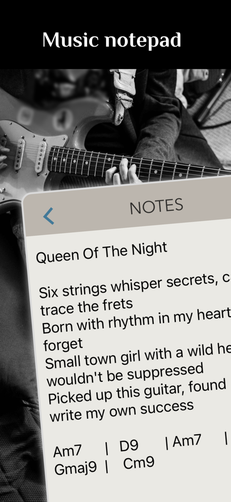 StudioMini - Music Recorder - StudioMini app music notepad interface showing song lyrics and chord progressions with a musician playing guitar in the background.