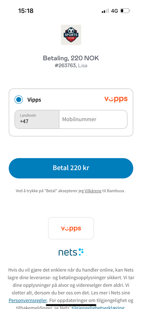 Bambusa - Digital fundraising payment screen in the Bambusa mobile app