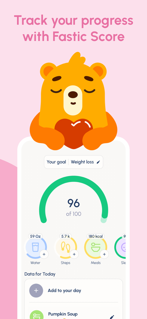 A mobile screen showing the Fastic Score dashboard with daily tracking for water, steps, and nutrition.