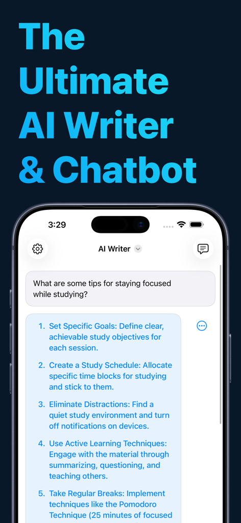 AI Writer mobile app interface showing a chatbot response with study tips for students