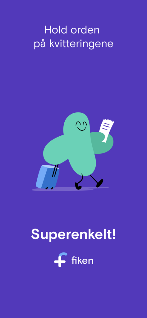 Fiken - Fiken app welcome screen with a smiling character holding a receipt and a suitcase