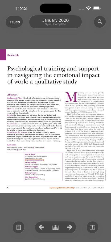 Article de recherche sur la formation psychologique du personnel de maternité affiché dans l'application British Journal of Midwifery