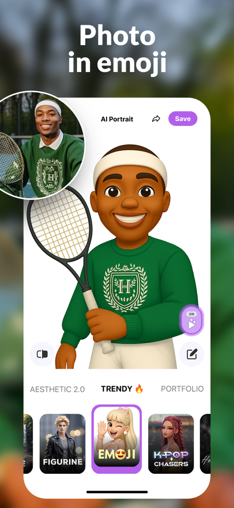 AI Video Photo・DreamPix Editor - リアルな写真が3D絵文字アバターに変換されたDreamPixモバイルアプリインターフェース