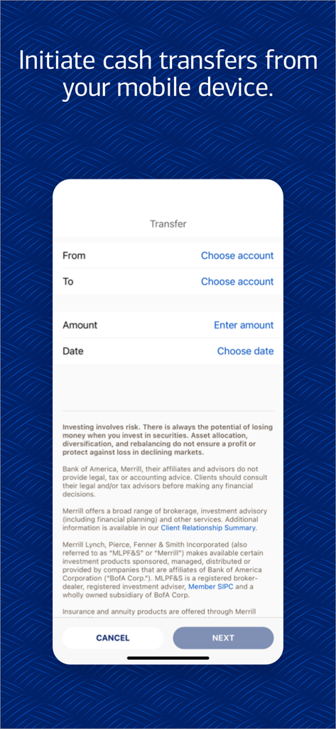 Bank of America Private Bank - Tela de transferência de dinheiro do aplicativo móvel Bank of America Private Bank