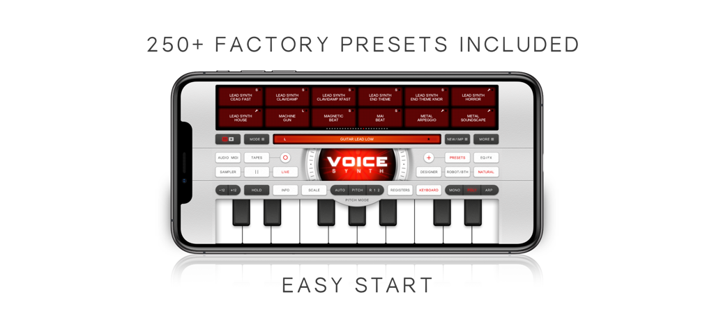 가상 키보드와 팩토리 프리셋이 있는 Voice Synth 앱 인터페이스