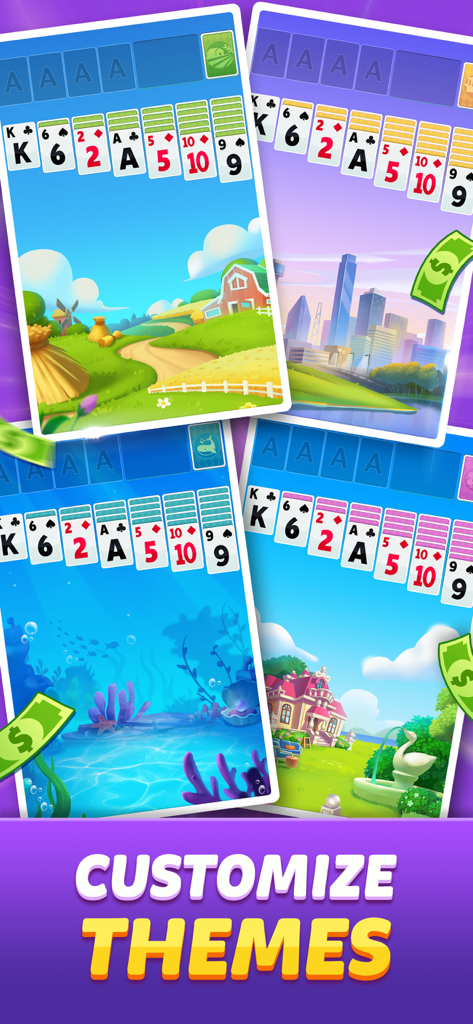 Solitaire Win Cash - Solitaire Win Cash game interface showing different customizable background themes like farm city and underwater