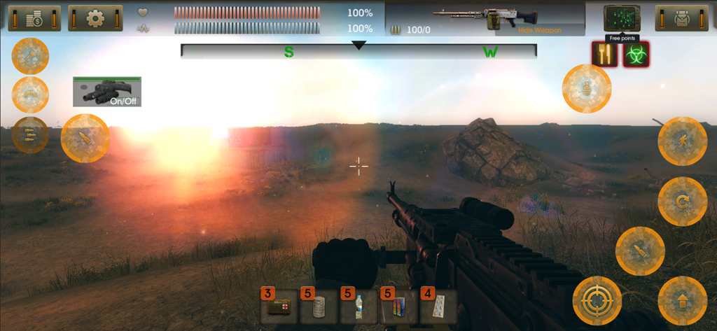 First-person view of a machine gun in a post-apocalyptic wasteland with a complex survival HUD