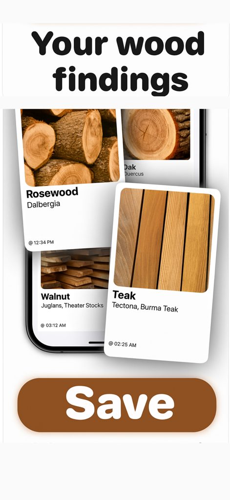 Wood Identifier AI Scanner - A smartphone interface showing a gallery of identified wood species including rosewood teak and walnut with a save button