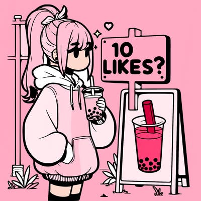 girl with oversized hoodie drinking boba and she has a high ponytail with a sign that says 10likes?