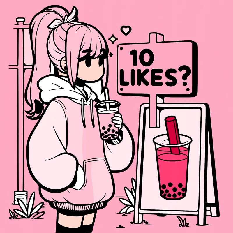 girl with oversized hoodie drinking boba and she has a high ponytail with a sign that says 10likes?