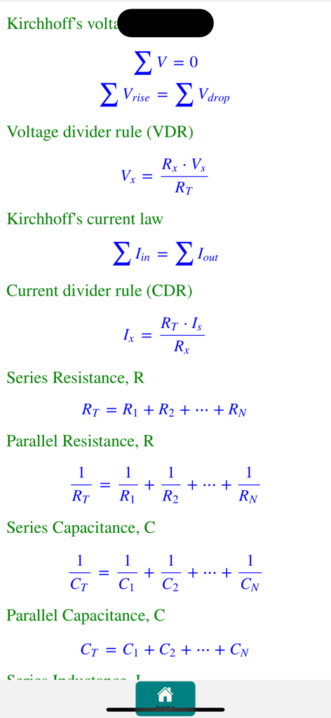 Schermata educativa che mostra le leggi di Kirchhoff e le formule di analisi dei circuiti.
