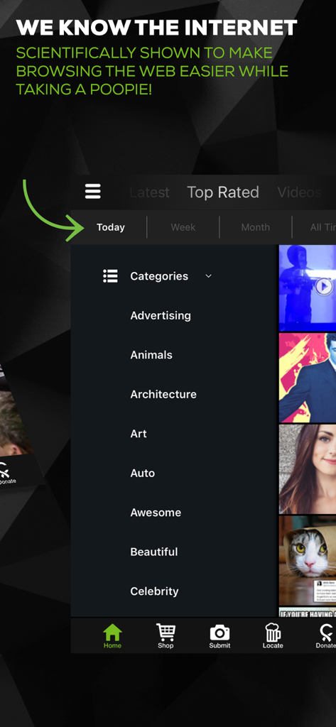 A screenshot of theCHIVE app showing the category menu with a humorous caption at the top.