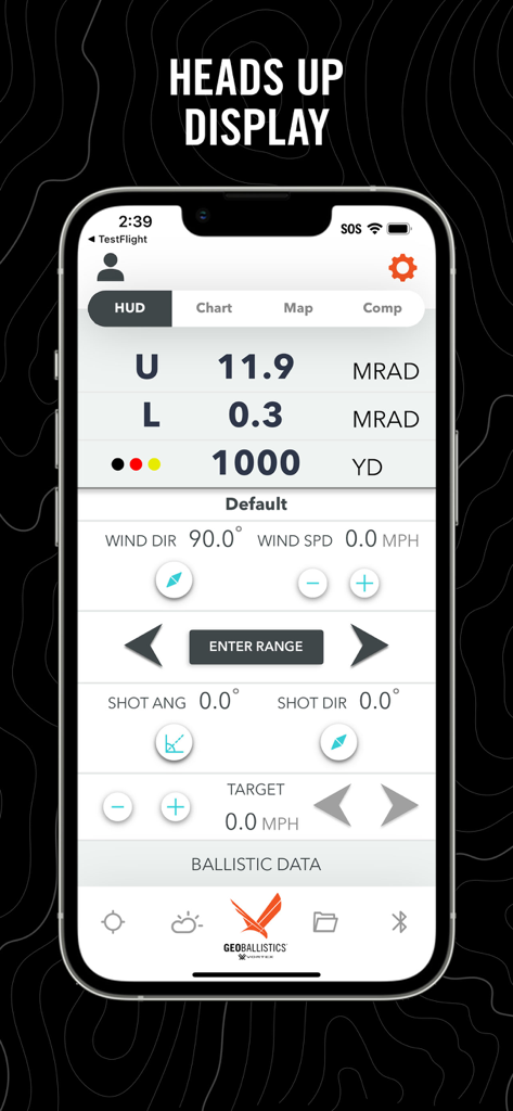 GeoBallistics - GeoBallistics app heads up display showing ballistic calculations and target range