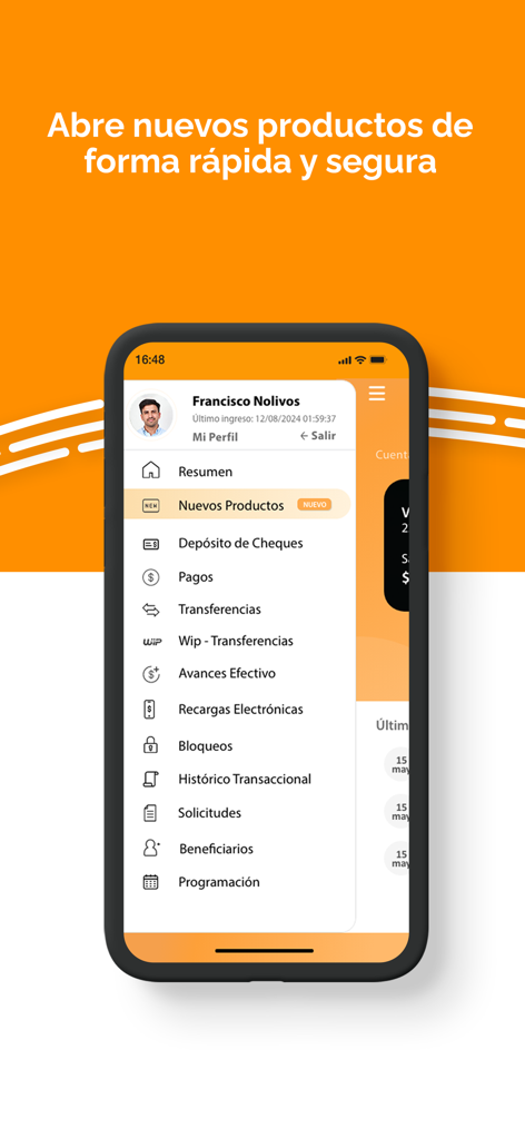 Menú de la aplicación Banca Movil que muestra opciones para transferencias, depósitos de cheques y pagos