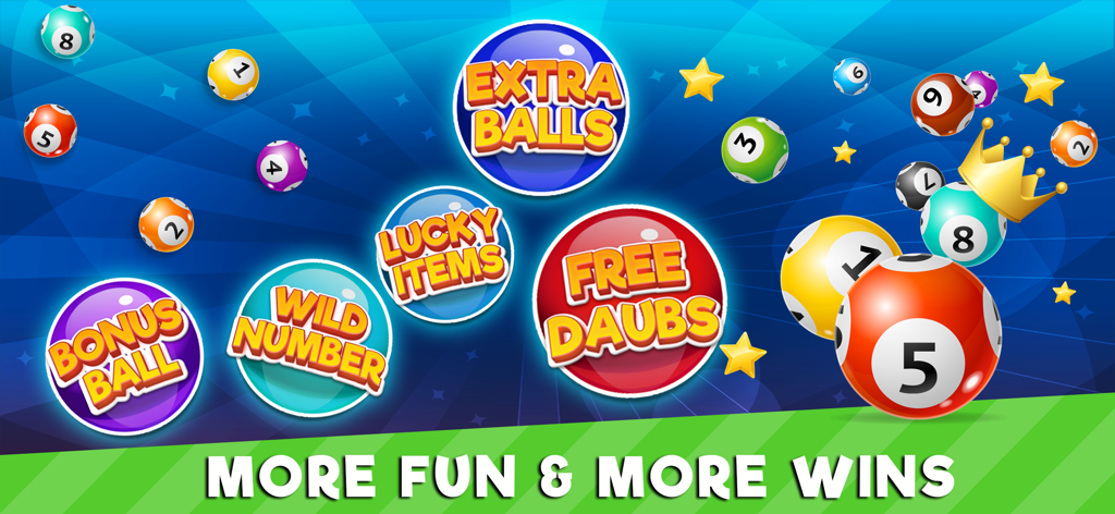 Bingo Deluxe - Bingo Deluxe game power ups including Extra Balls Free Daubs and Wild Number icons with colorful bingo balls