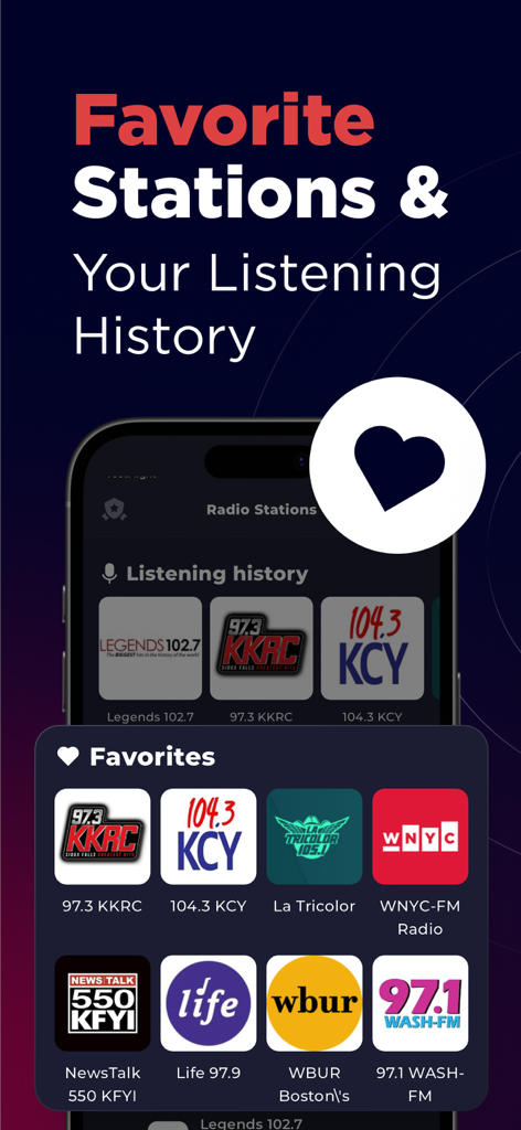 Radio USA Live Online FM & AM - Interfaccia dell'app Radio USA che mostra le stazioni radio preferite e la cronologia di ascolto con vari loghi di stazioni