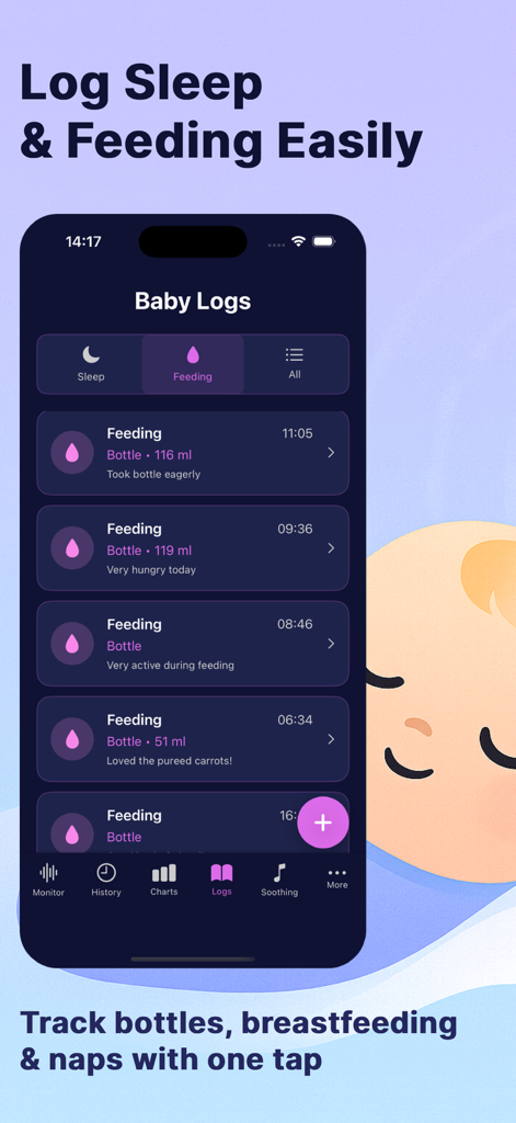 Interface of CrySense AI Baby Translator showing a log of daily infant feeding sessions including bottle amounts and times