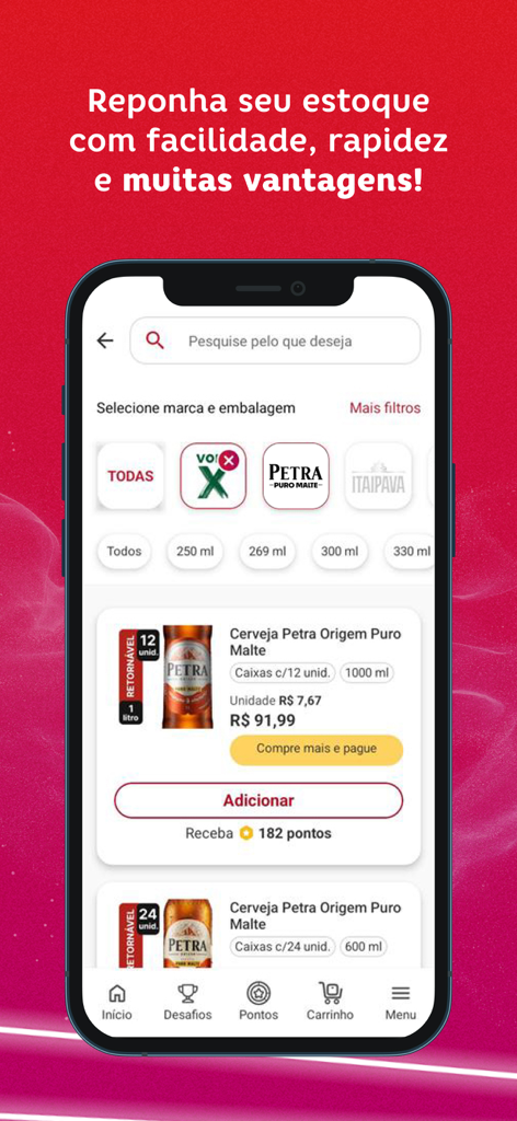 Bom Parceiro GP - Bom Parceiro GP app interface showing a wholesale beverage catalog with beer brand filters and product details for business inventory management
