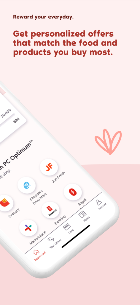 PC Optimum app dashboard showing personalized offers and retail brand icons