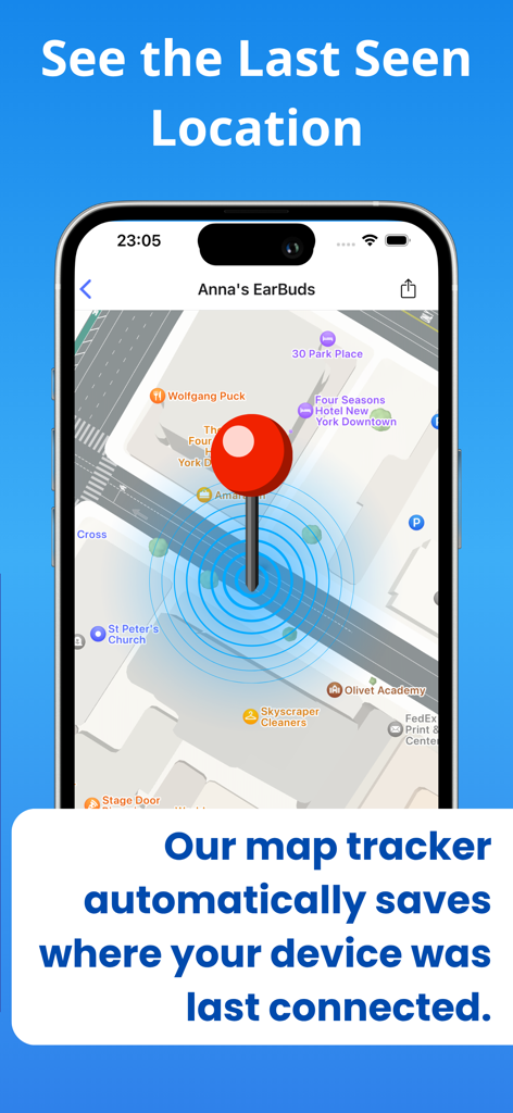Find My Earbuds: Device Finder - Map view in the app showing the last seen location of a lost device