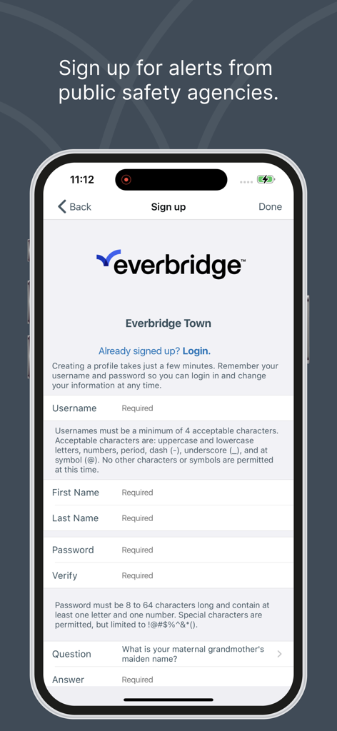 Page d'inscription aux alertes de sécurité publique sur l'application mobile Everbridge
