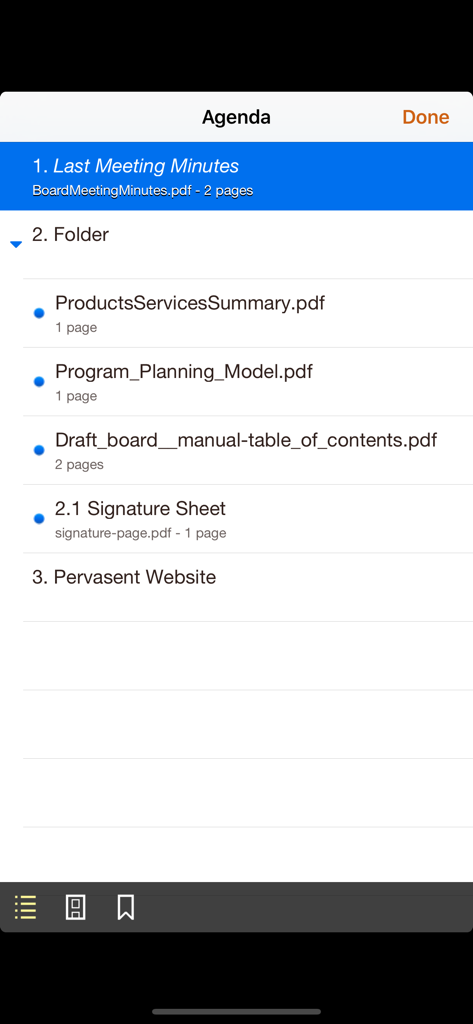 Digital board meeting agenda showing organized PDF documents and folders
