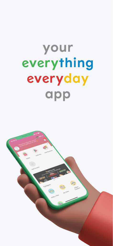 Little Ride - Smartphone screen showing the Little Ride app with various transportation and payment services