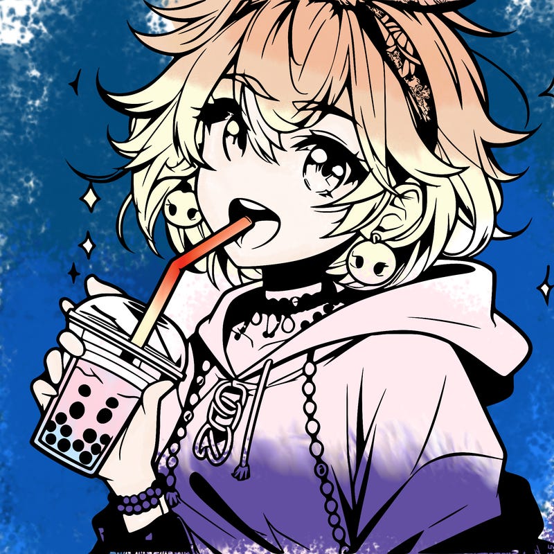 hot baddie anime girl drinking boba and biting the straw